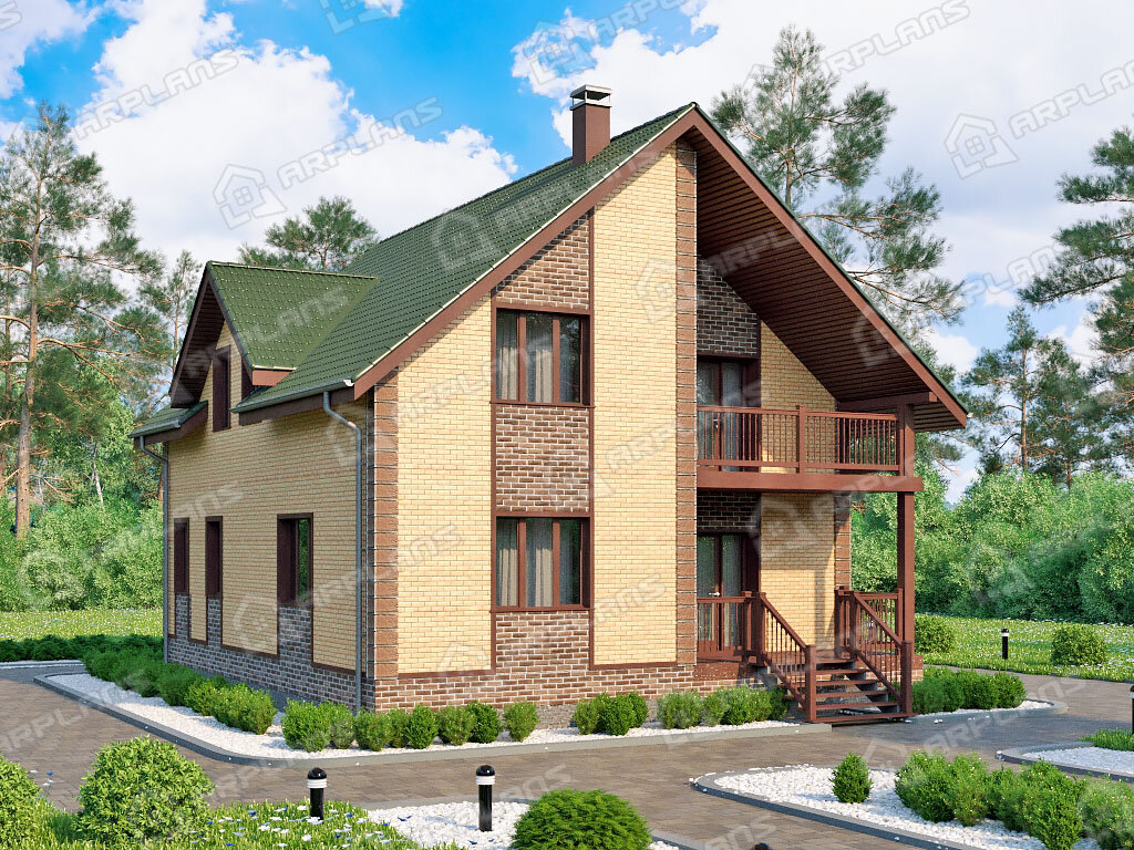 Фото 1 двухэтажного дома из газобетона с мансардой, 3 спальнями, гостевой, балконом и террасой. Общая площадь 170 кв м. Источник arplans.ru Проект К-014