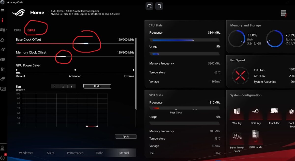 ASUS ROG Zephyrus G15 (5800HS+RTX3080) внутри утилиты Армори крейт