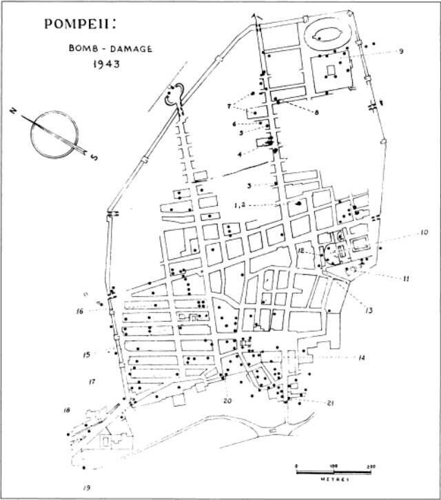 Карта Помпей с указанием разорвавшихся бомб / Parco archeologico di Pompei