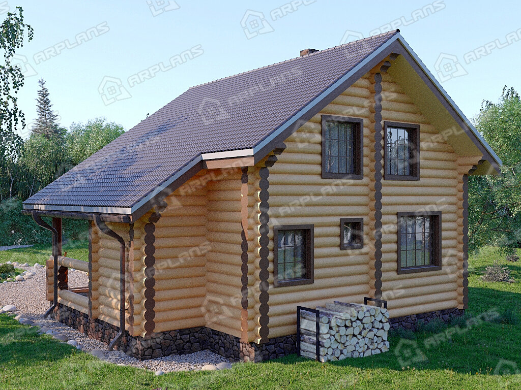 Фото 2 деревянного дома из бревна с мансардой и 3 спальней. Площадь 100 кв м. Источник arplans.ru Проект ДО-024