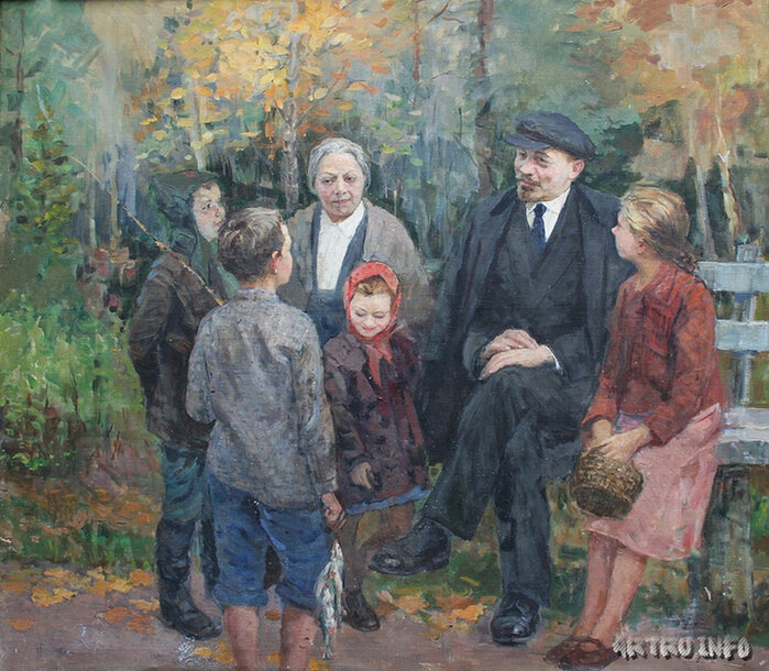 "В.И.Ленин и Н.К.Крупская с детьми в Горках". Художник Иевлев Владимир Иванович. 1951 год.
