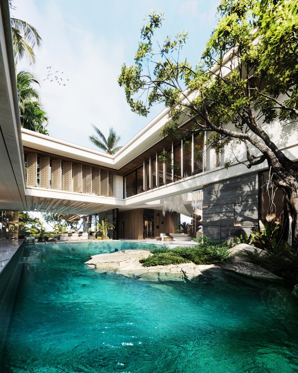 Отличительная особенность этого проекта – внутренний сад с глубоким искусственным прудом с собственной фауной, а также вращающиеся металлические перегородки на галерее второго этажа