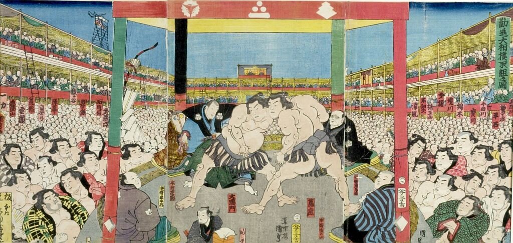 Artist:Utagawa Kunisada Title:Triptych: Sumô Wrestling Tournament (Kanzin ôsumô torikumi no zu), Late Edo period, 1858 Date:Edo period, Late, 1789-1868