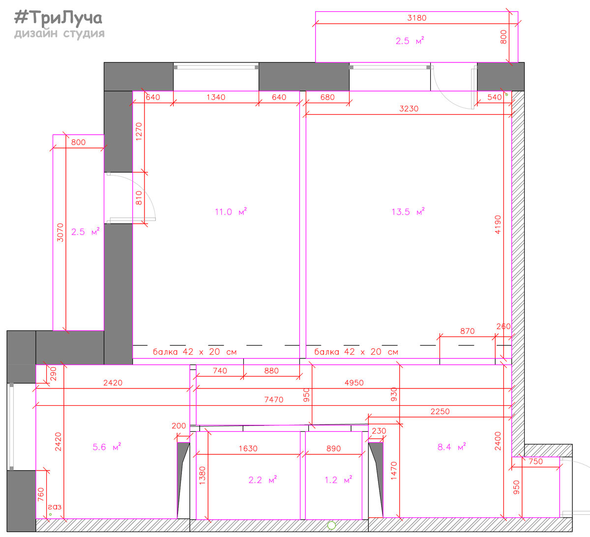 Обмер двушки в хрущёвке II-20. 