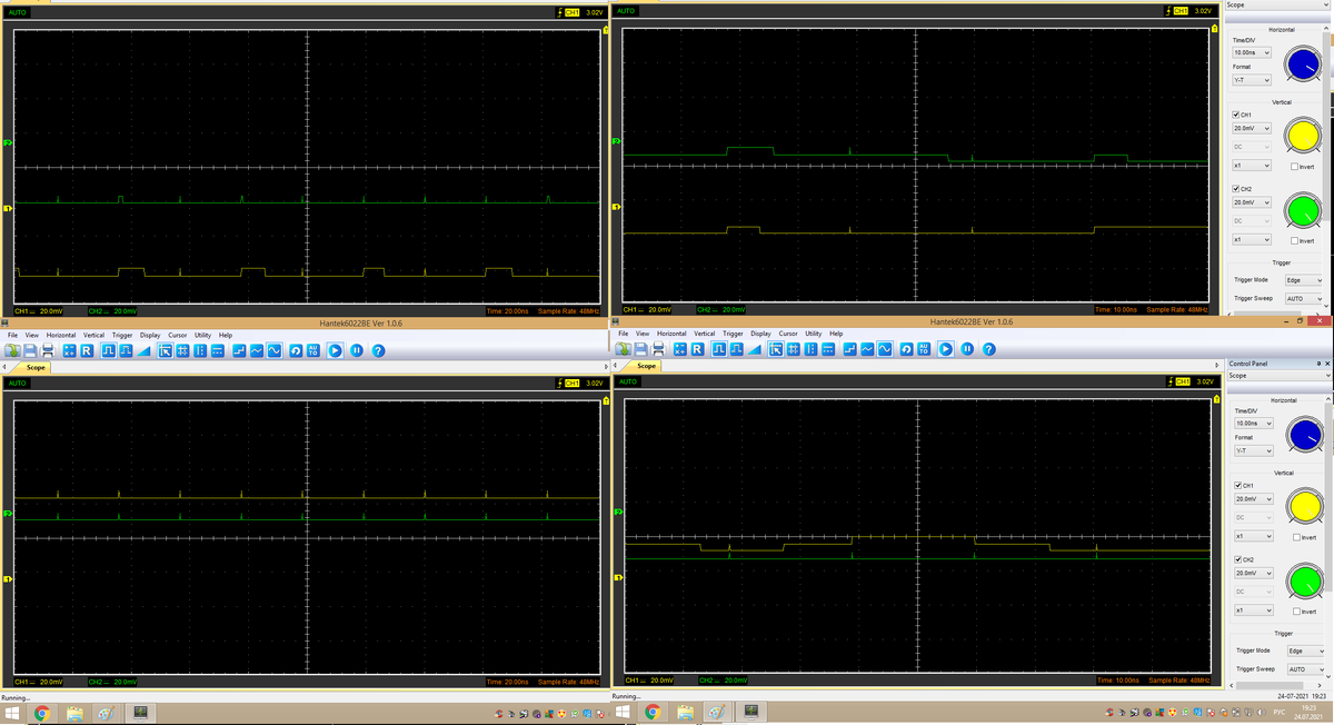 Слева осциллограммы при частоте 10 наносекунд, справа - 20 наносекунд