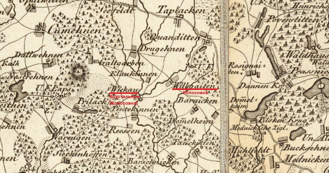 Карта Восточной Пруссии 1803 года. На ней ещё нет питьевых озёр в нынешней Колосовке