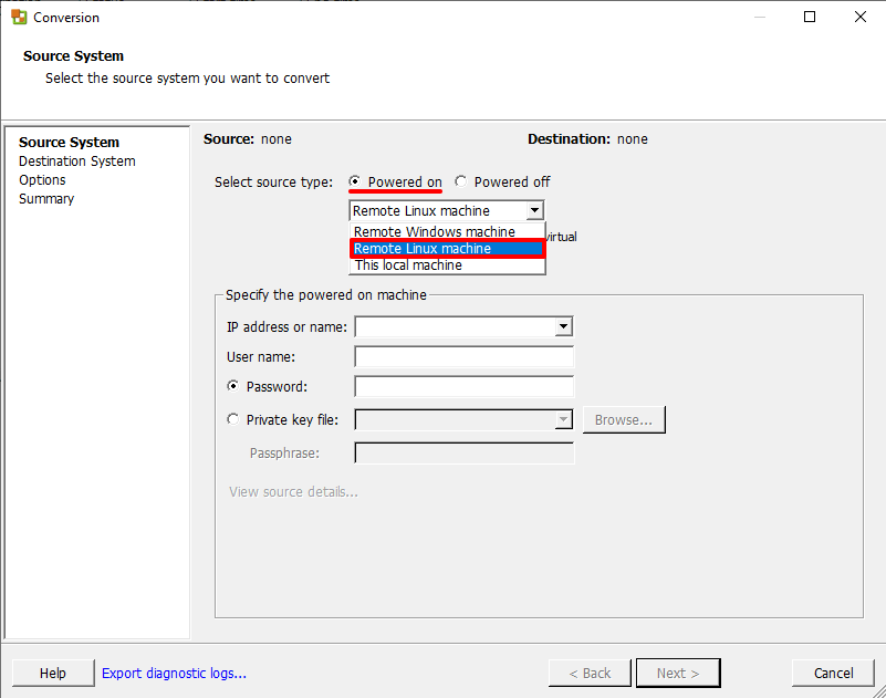 Выбор типа исходной машины в VMware Converter
