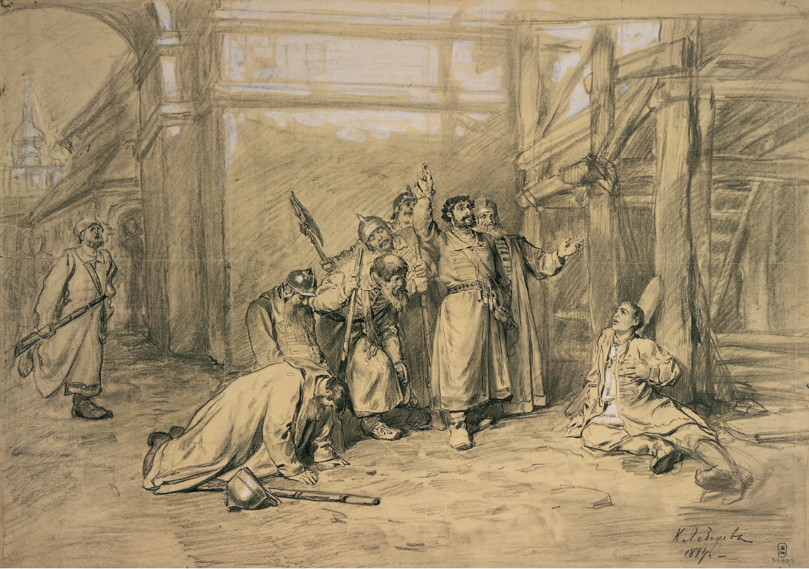 "Последние минуты Григория Отрепьева", К.В. Лебедев, 1884.