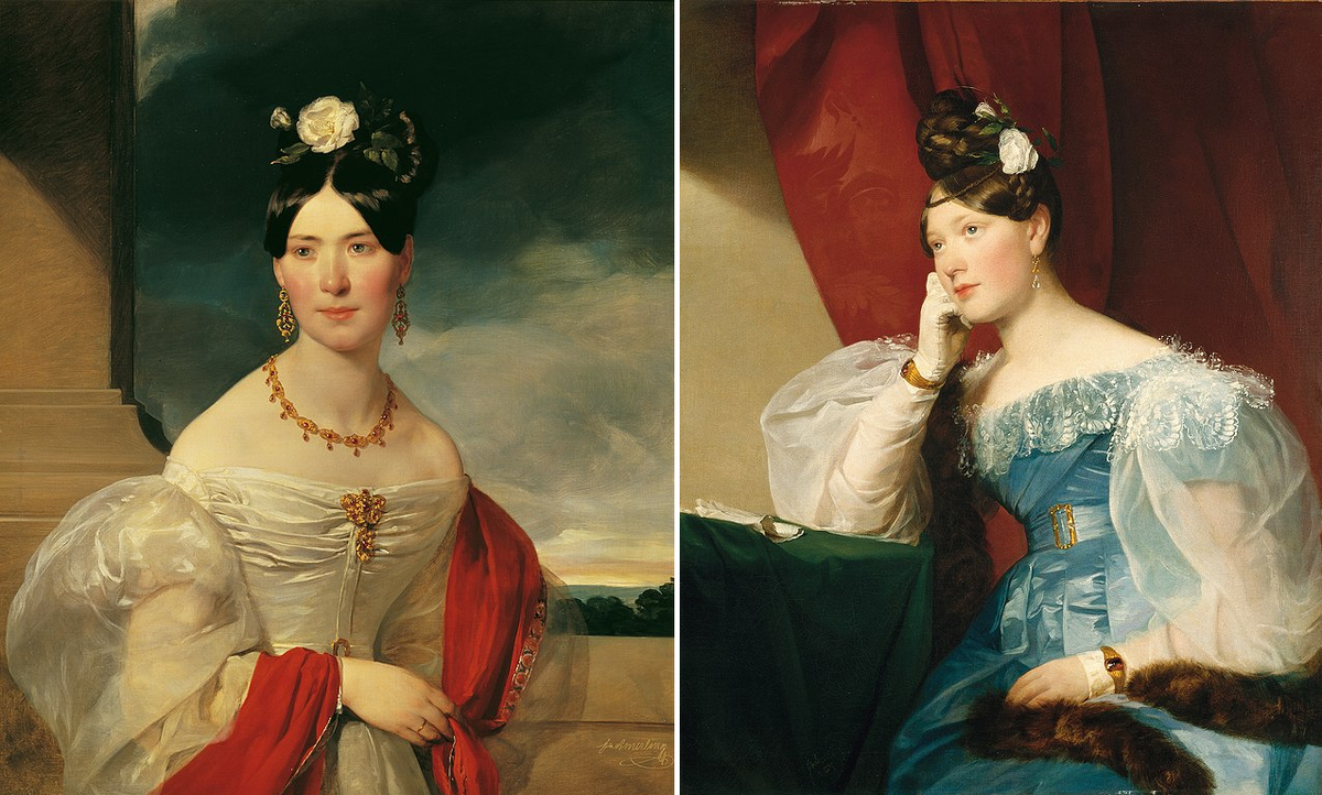 Слева - портрет Марии фон Пютлинген, Фридрих фон Амерлинг, 1832. (с) Из коллекции галереи Бельведер (Вена). Справа - портрет Джулии фон Война, Фридрих фон Амерлинг, 1832. (с) Из коллекции Новой галереи (Грац).