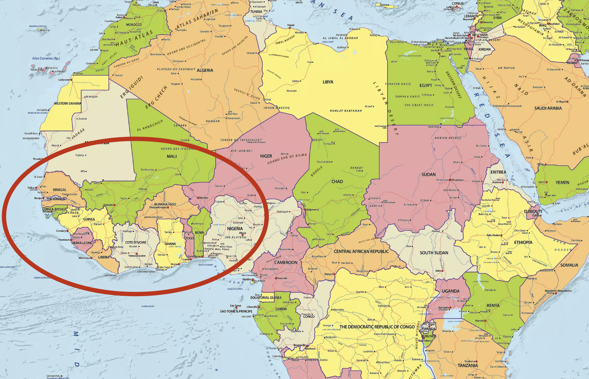 Крупнейшая страна западной африки. Западная Африка на карте. Государства Западной Африки на карте. Западная часть Африки. Запад Африки страны.