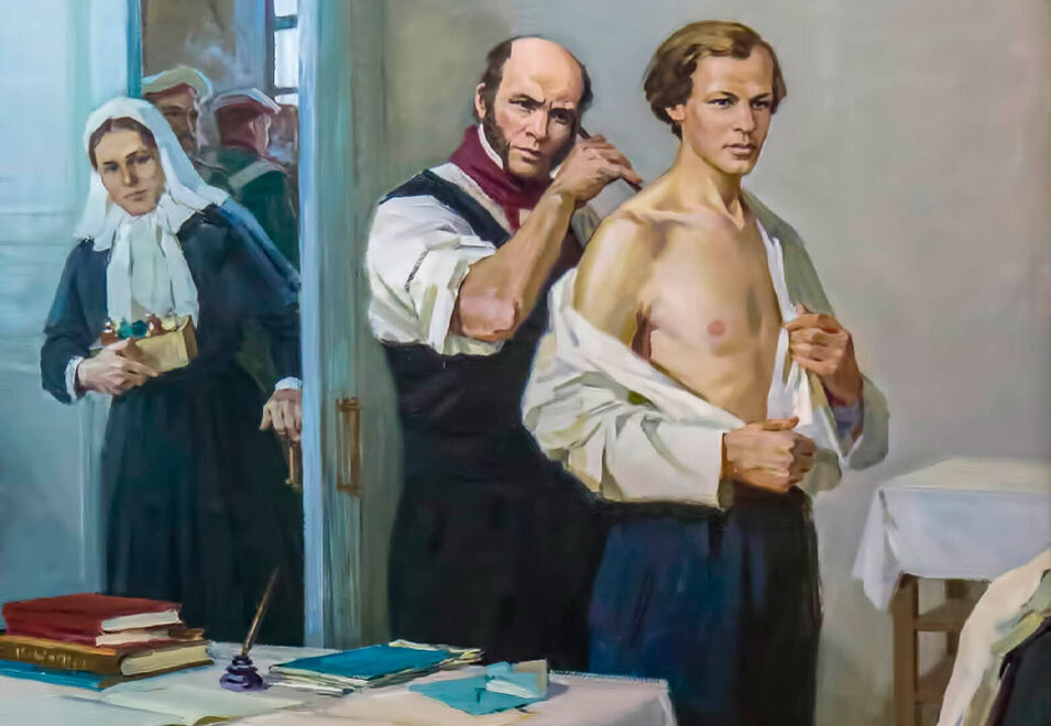 Н.И. Пирогов осматривает больного Д.И. Менделеева, художник И. А. Тихий, 1964 г.