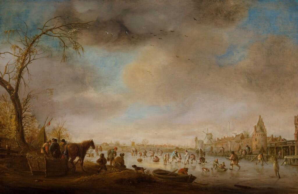 Исаак ван Остаде (Харлем, 1621-1649) «Зимний пейзаж с прогулкой на коньках перед городской стеной», 1641. Дерево, масло 39×60.6 см. Подпись справа внизу: «Is. Ostade 1641». Провенанс: Частная коллекция, Россия. Выставки: «Ренессанс: точка отсчета», Центр Искусств. Москва, 2019-2020; «Старые мастера: образ и символ», Центр Искусств. Москва, 2020–2021