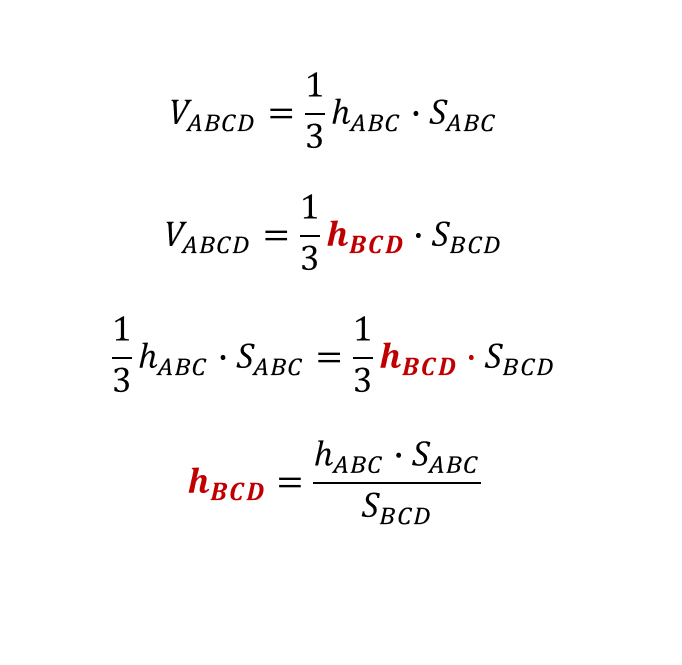 h_BCD - искомое расстояние от точки A до грани BCD. h_ABC - известное расстояние от точки D до плоскости ABC.