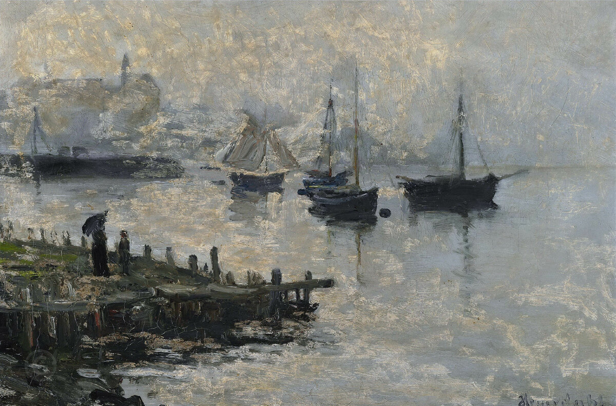 Ханс Олаф Хейердал – Вид на гавань с лодками на якоре в туманный день. Источник: gallerix.ru