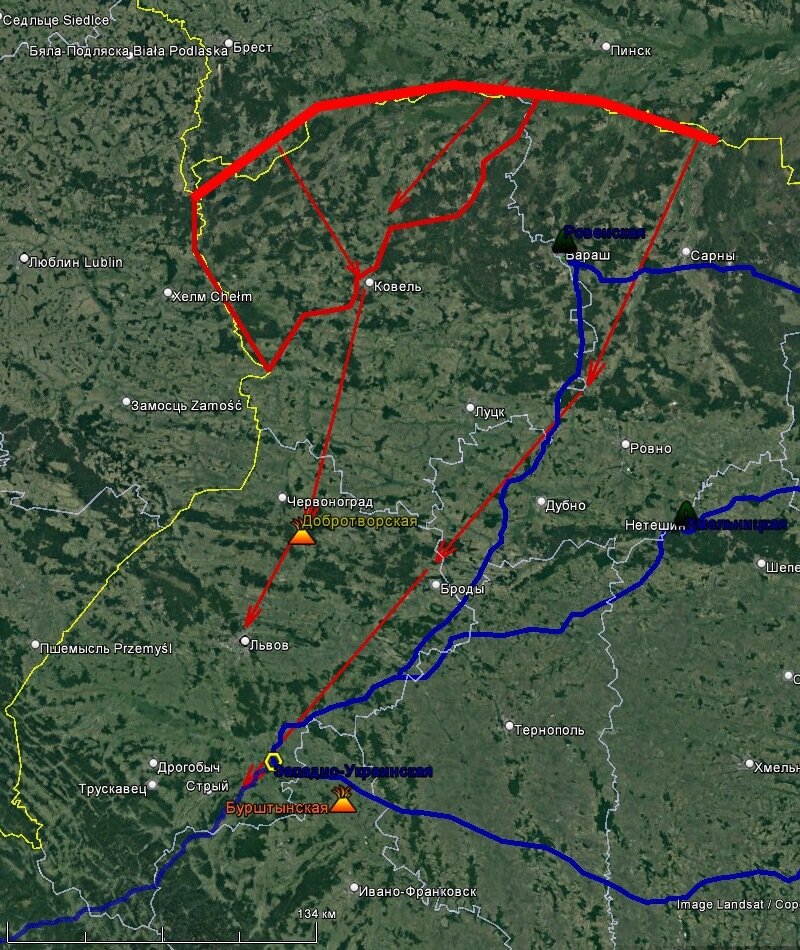 Толстой красной линией показан возможный фронт наступления, стрелками – возможные направления ударов. Тонкая красная линия – предполагаемая граница продвижения до его стабилизации. Также показана сеть 750 кВ и основная генерация