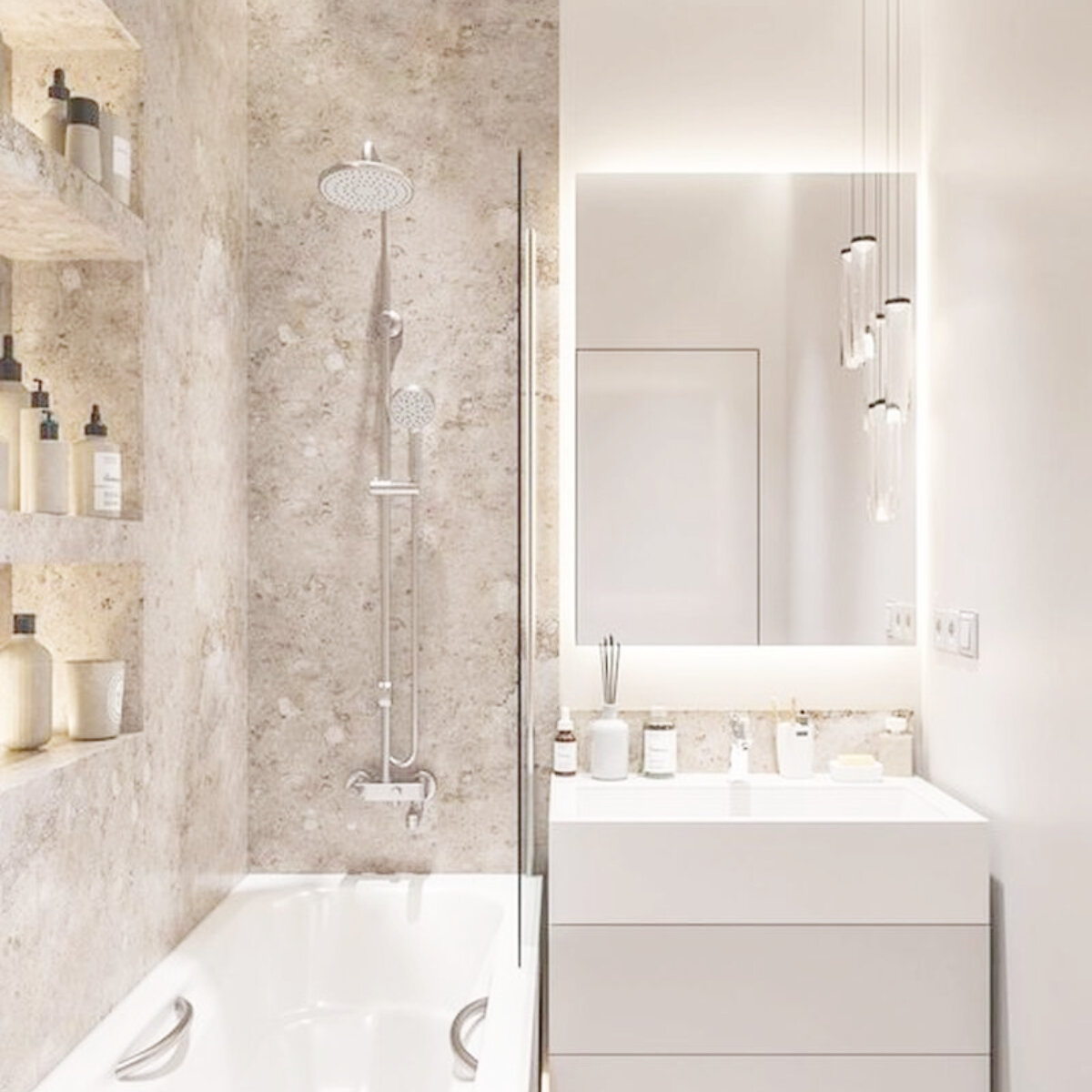 Мебель для ванной в современном стиле с ванной, подвесной тумбой и накладной раковиной.