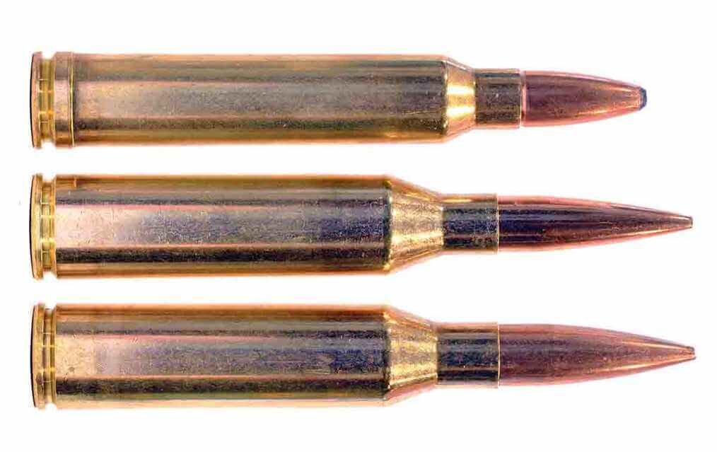 Патроны .300 Norma Magnum (в центре) и .338 Norma Magnum (справа) в сравнении с патроном .300 Win. Mag.