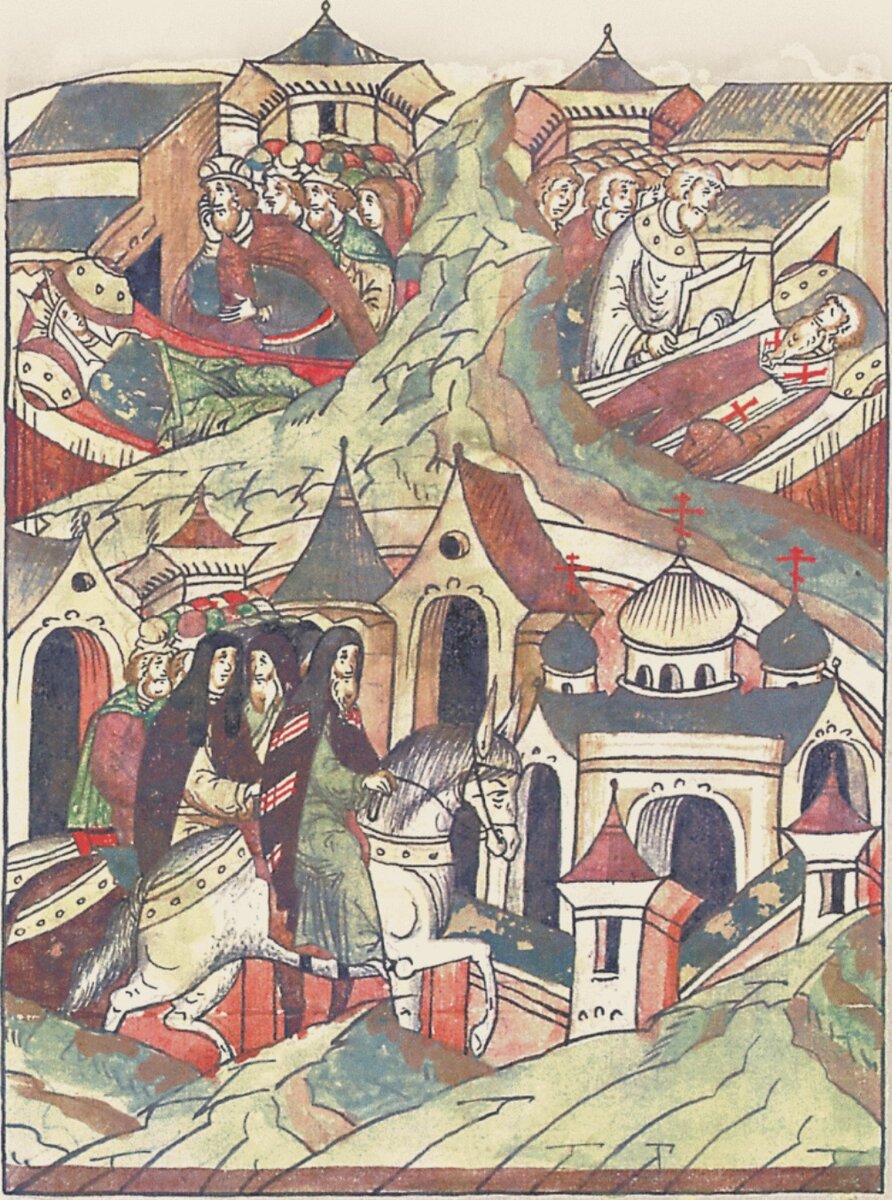 Слева вверху на иллюстрации: Кристина Ингесдоттер из Швеции на смертном одре, рядом с ней ее муж Мстислав I. (Christina Ingesdotter of Sweden in her deathbed, with her husband (Mstislav I) next to her; Death of Daniil Yureviski; March of courtesans and bishops. Создано: 1568—1576).