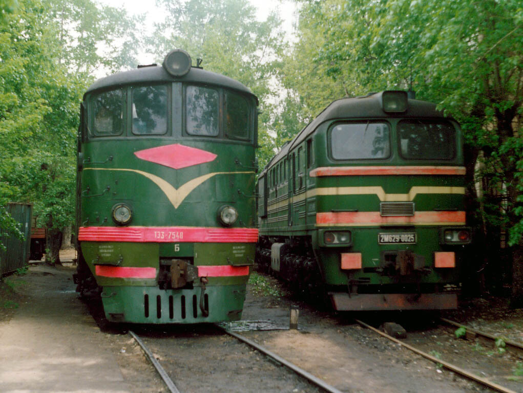 Магистральный двухсекционный тепловоз ТЭ3-7548 и 2М62У-0025. Внешний облик «Тройки» с характерным для того времени остеклением обтекаемой кабины управления смотрится старомодно на фоне более брутальной «Двойной машки», особенно с блочными прямоугольными буферными фонарями на 2М62У и регулируемым путеочистителем