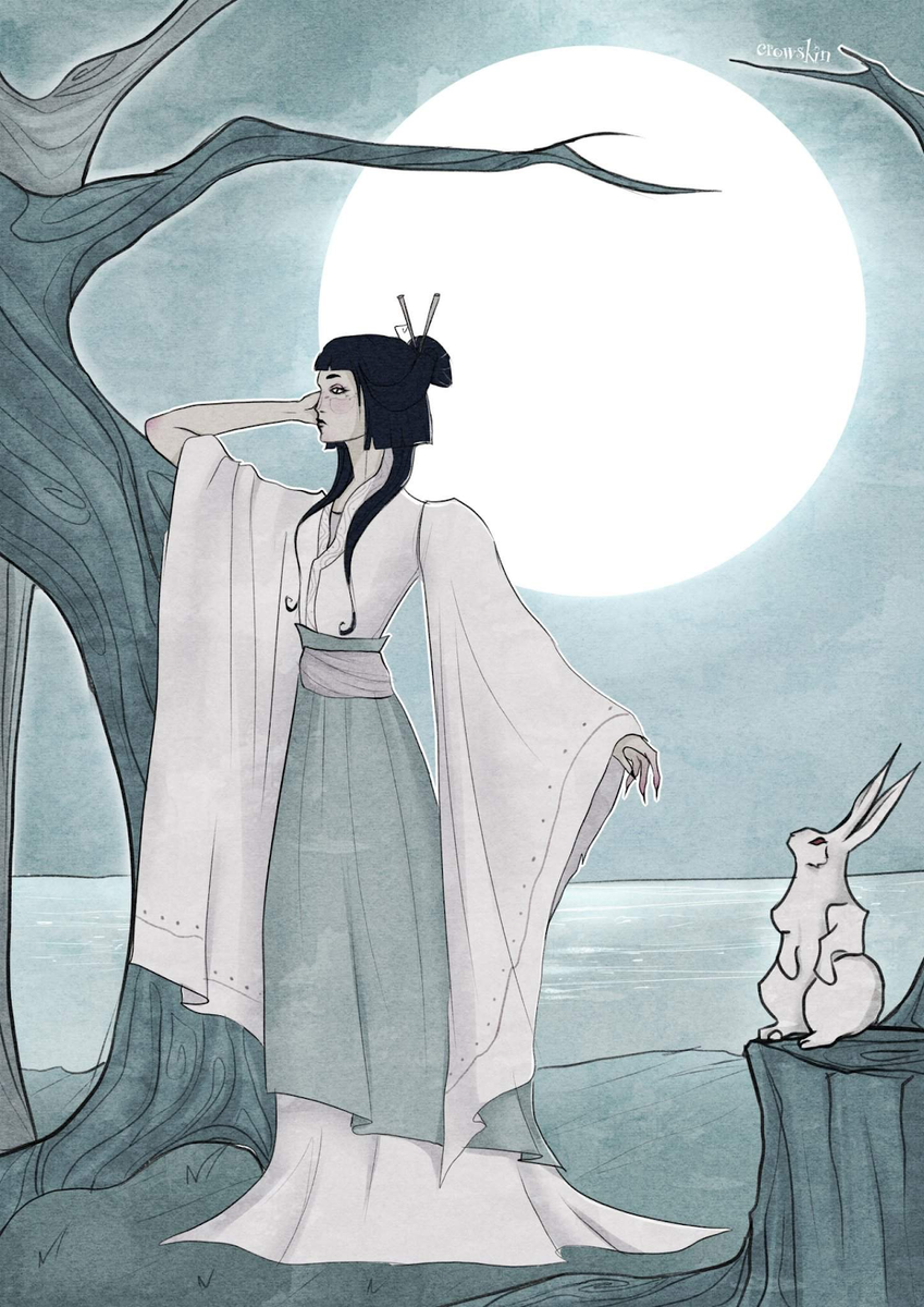 Богиня Луны и Лунный кролик Юэ Ту у дерева Бессмертия