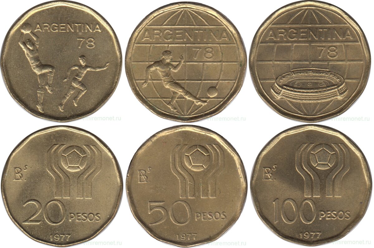 20, 50 и 100 песо, Аргентина, 1977. Алюминиевая бронза. 