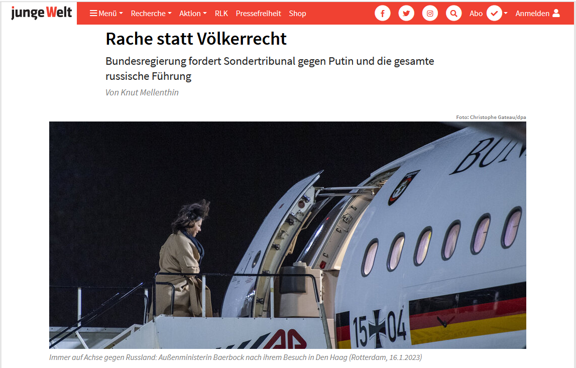 Подпись к снимку: "Всегда на острие противостояния с Россией: министр иностранных дел Бербок после своего визита в Гаагу (Роттердам, 16.1.2023)"