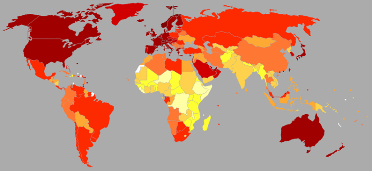 Бордовым цветом обозначены самые богатые страны, светло-жёлтым — самые бедные