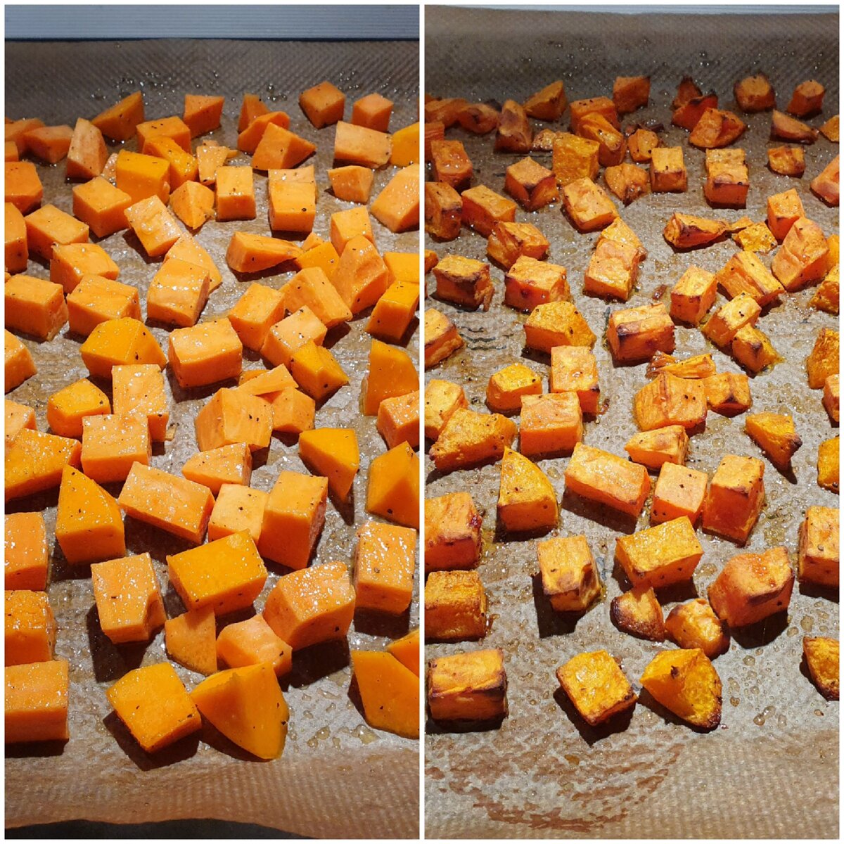 Кубики батата до и после духовки