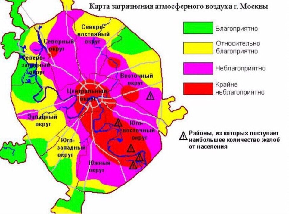 Основной проблемой для Кузьминок является роза ветров. Снос ветра из загазованного автомобилями центра Москвы, окружающих центр промзон - проблема Южного и Юго-Восточного административных округов. Соседство с Капотней или Марьино, с Курьяновскими полями аэрации, не сильно мешает району. Посторонние запахи если и чувствуются, то крайне редко. 
