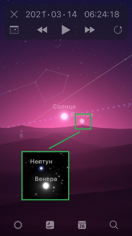 Положение Нептуна и Венеры  14.03.2021 г.  для широты г. Казань