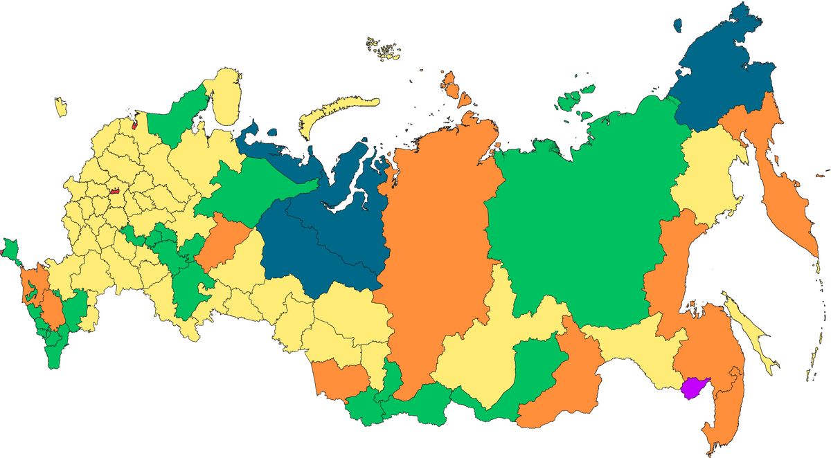 Зеленым отмечены Республики (22), Красным - города федерального значения (3), Оранжевым - край (9), Сиреневый - Автономная область (1), Желтым - Области (46), Темно-синий - Автономные Округа (4)