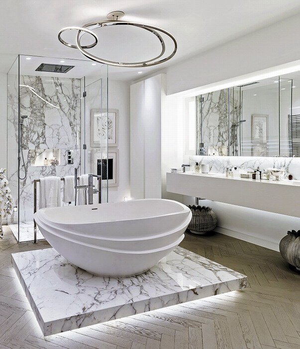 

Если в остальном пространстве можно позволить себе свободу выбора, то в зонах с повышенной влажностью нужно использовать только специальные светильники с защитой не менее IP44.