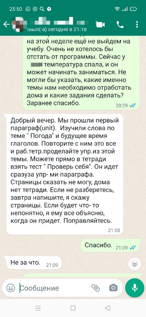Начало нашего общения с учительницей английского языка. И она на самом деле готова объяснить ребенку материал, когда он приходит с конкретным вопросом.