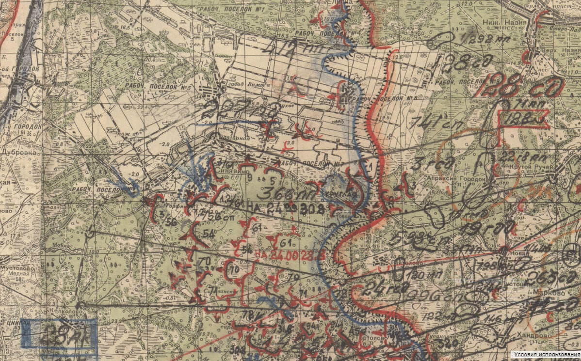Карта обстановки на Волховском фронте за период с 28.08.1942 по 30.08.1942 г.