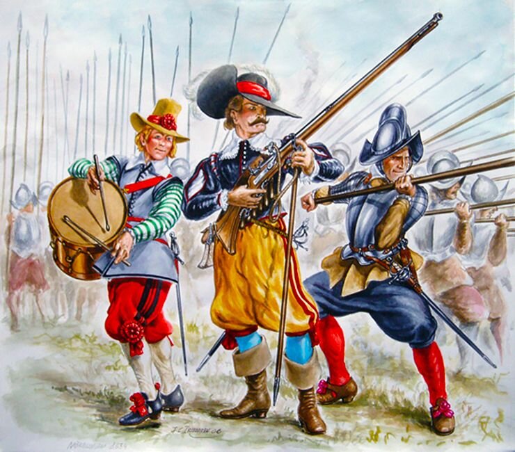 А вот примерно так выглядела пехота. Барабанщик обычно одевался в цвета, отличные от прочих солдат полка.