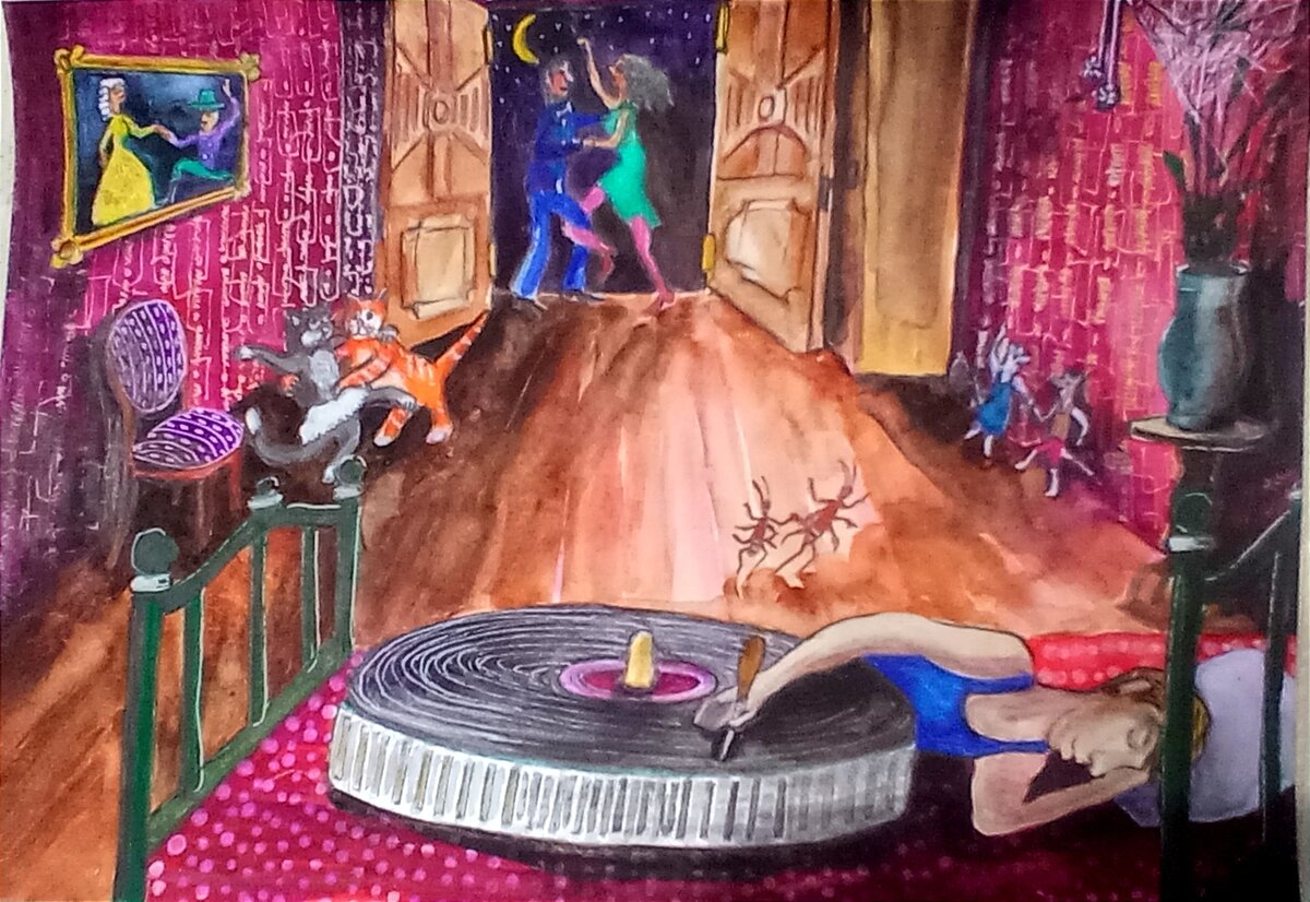 Акварель./ Ночное танго время страсти,время примирения,время чудных сказок и дивных снов,время таинственных теней и странных звуков...🌘🪐✨💫