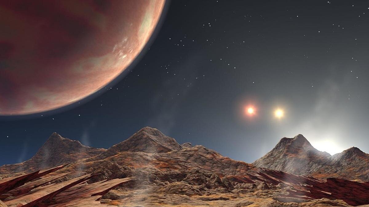    Закат на спутнике экзопланеты в представлении художника:Wikipedia/NASA/JPL-Caltech