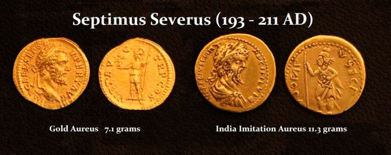 Золотой ауреус Септимия Севера и его индийская имитация / фото © Мартин Армстронг
