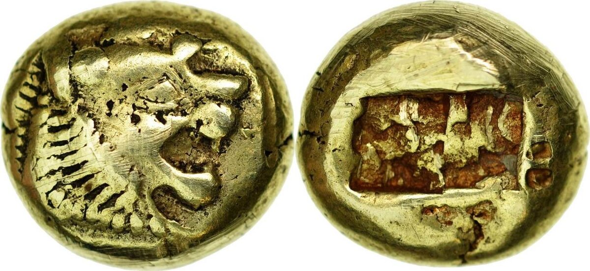 Первая известная монета. Лидийская монета, vi век до н.э.. Лидийский статер. Золотой статер Лидии, 564-539 г до н.э..