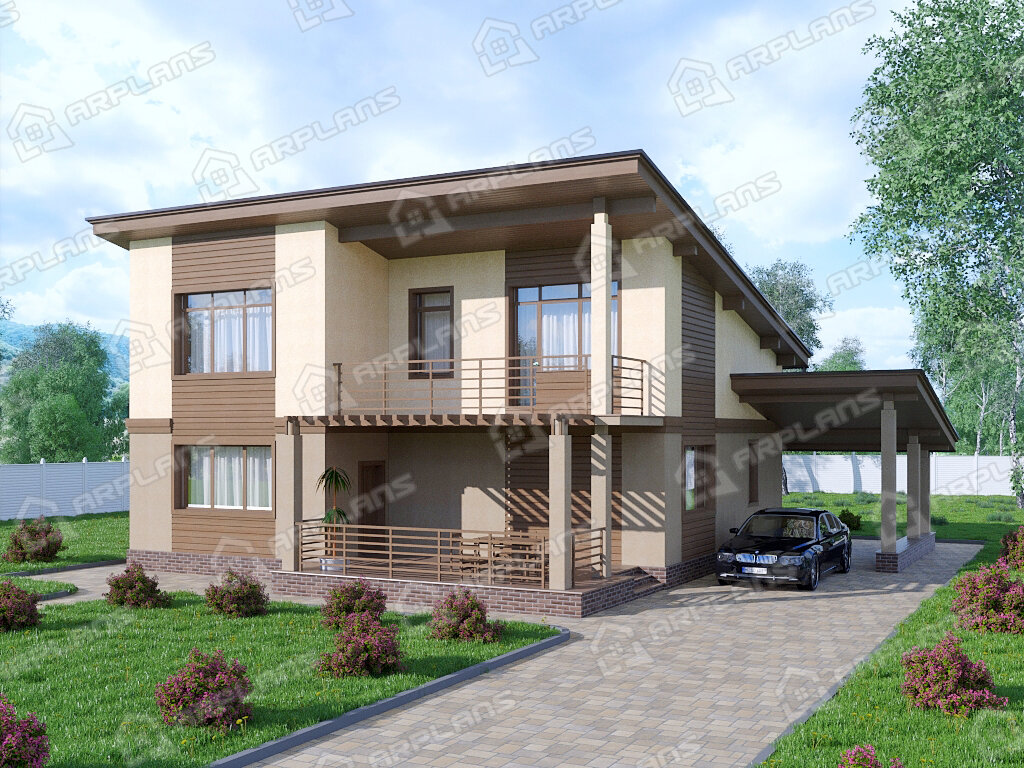 Фото 1 двухэтажного дома из газобетона с 3 спальнями, балконом, газовой котельной, двумя террасами и навесом ля машины. Полезная площадь 180 кв м. Источник arplans.ru Проект К-163