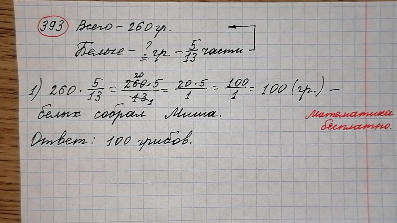 393) Миша собрал 260 грибов, из них 5/13 составляли белые. Сколько белых  грибов собрал Миша? номер 393 по математике 6 класс мерзляк учебник.