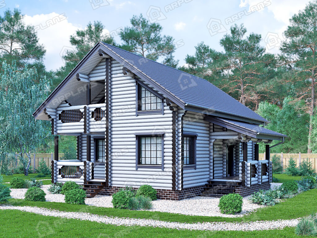 Фото 1 деревянного двухэтажного дома из бревна с мансардой, 4 спальнями, гостевой, балконом, террасой и газовой котельной. Полезная площадь 150 кв м. Источник arplans.ru Проект ДО-011