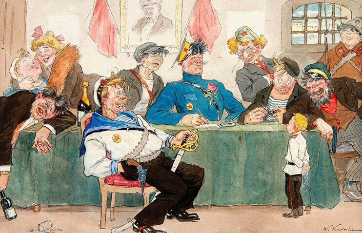 А так карикатурист изображал заседание революционного трибунала 