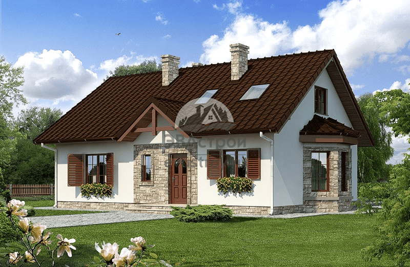 Проект дома 142 м2 из газобетона с мансардой, эркером, кабинетом и террасой - LG-25 