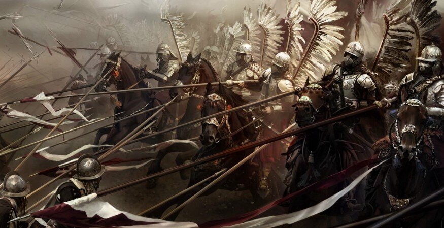 Крылатые гусары идут против пехоты, вооруженной пиками. 