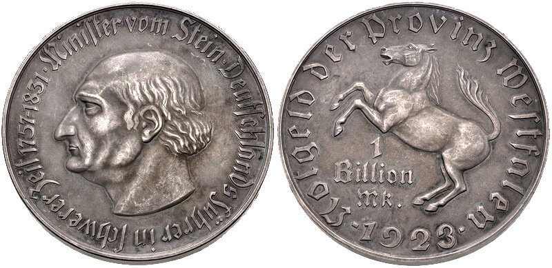 Германия, Веймарская республика. Вестфалия.  1 биллион марок (60 мм, 82,8 г, ). 1923 год. Слева: Генрих Фридрих Карл Фрейхер фон Штейн- рейхсканцлер Пруссии в XIX веке. Источник: https://www.cngcoins.com/Coin.aspx?CoinID=345238