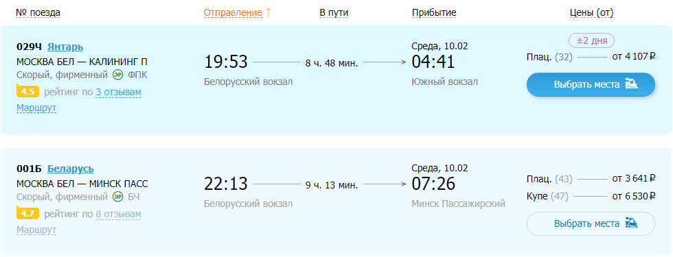 примеры билетов в Минск