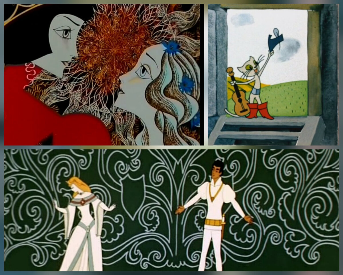 Коллаж из кадров мультфильмов: Русалочка, Кот в сапогах и Дикие лебеди