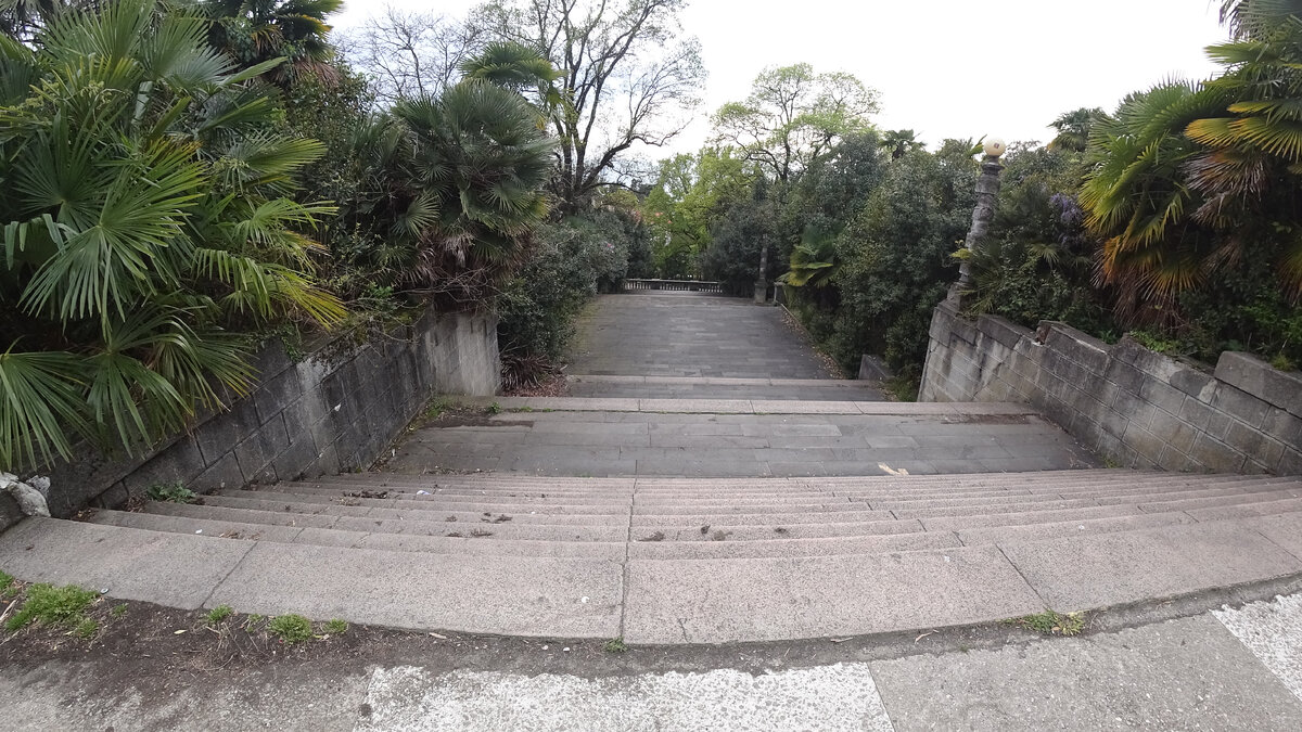 Лестницы ведущие на территорию санатория. Внизу дорога и автобусная остановка "Санаторий Орджоникидзе"