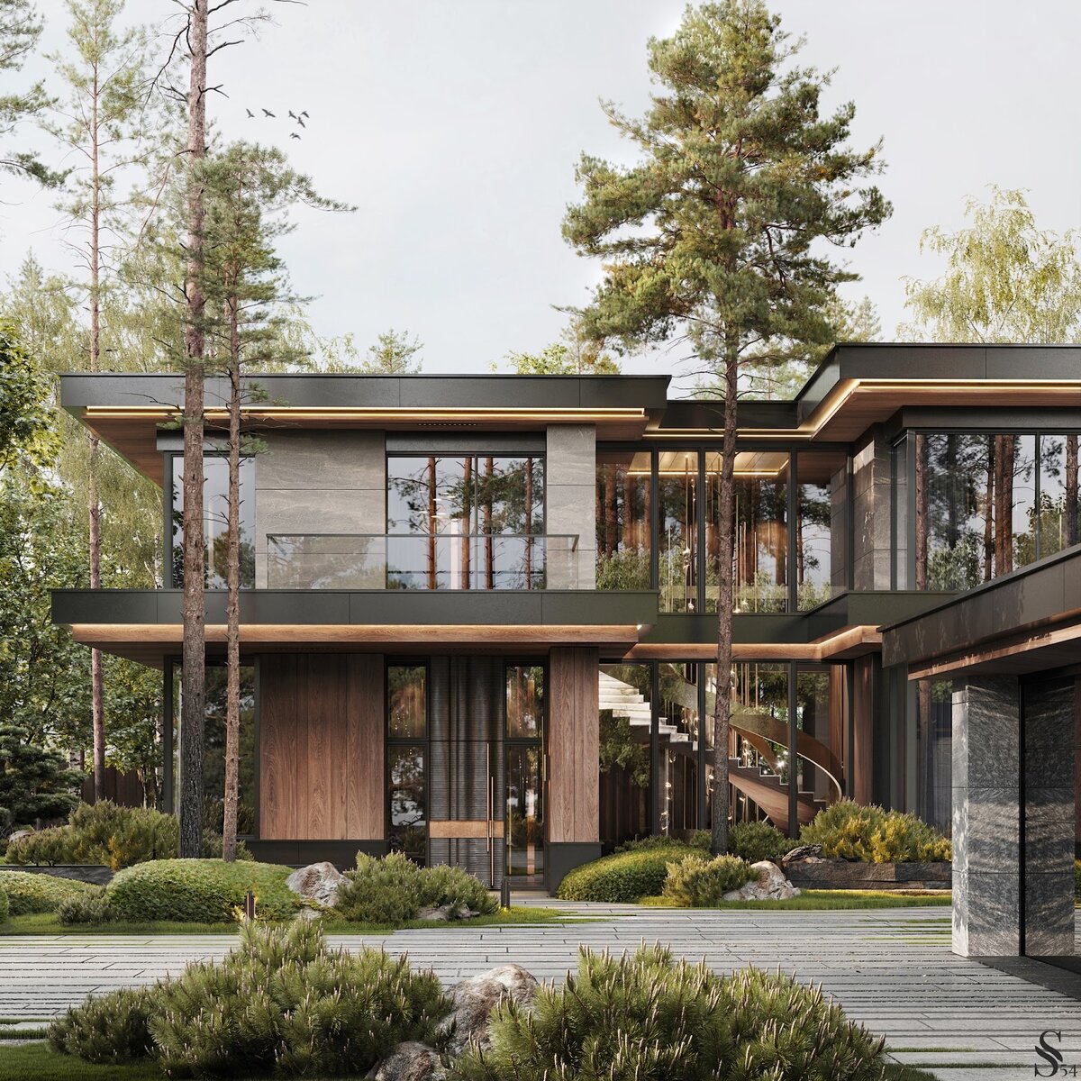 По таким элементам, как материалы фасада, плоская крыша, витражное окно с лестничным пролетом, можно сразу отличить нашу стилистику в архитектуре. Специально для этого проекта мы интегрировали в постройку множество необычных визуальных и технологических элементов